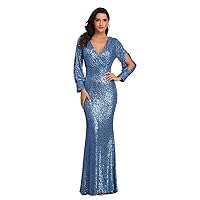 Dresses in Stock, Long Sleeved V-Neck, Solid Color Sequin Fish Tail Evening Dress