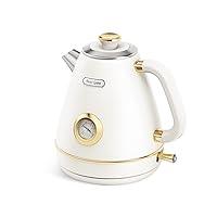 Hazel Quinn Retro Electric Kettle - 1.7 Liters / 57.5 Ounces Tea Kettle with Thermometer, All Stainless Steel, 1200 Watts Fast Boiling, BPA-free, Cordless, Automatic Shut Off - Pearl White