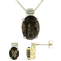 10K Yellow Gold Diamond Natural Smoky Topaz Earring Necklace Set Oval 8x6mm & 14x10mm, 18 inch long