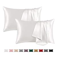 THXSILK Set of 2 100% Pure Mulberry Silk Pillowcase for Hair and Skin, Highest 6A+ Grade Mulberry Silk Pillow Case Standard Size, Real Silk Pillowcase with Zipper (White, Standard)