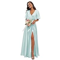 Bridesmaid Dresses V Neck with Sleeves Side Slit Formal Party Dress