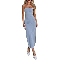 Women's Maxi Bodycon Denim Dress Strapless Tube Top Sleeveless Split Side Fitted Jean Midi Dress