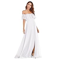 Ever-Pretty Women's Off The Shoulder Bridesmaid Dresses Side Split Beach Maxi Formal Dress White 00968