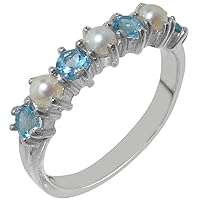 14k White Gold Cultured Pearl & Blue Topaz Womans Eternity Ring