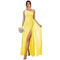 One Shoulder Bridesmaid Dresses for Women Ruched Chiffon A Line Evening Formal Gown with Slit M028