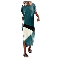 Dress for Women 2024 Summer Solid Color Long Dress Round Neck Batwing Sleeve Casual Loose Split Dress