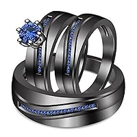 2Ct Round Cut Blue Sapphire in 925 Sterling Silver 14K Black Gold Over Diamond Wedding Band Trio Ring Set for Him & Her