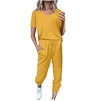 Women's Summer 2 Piece Outfits Tracksuits Casual Short Sleeve Workout Tops and High Waisted Jogger Sweatpants Sets