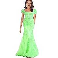 2023 Off The Shoulder Lace Mermaid Prom Party Dresses Short Sleeves Applique Formal Evening Gown Zipper Back