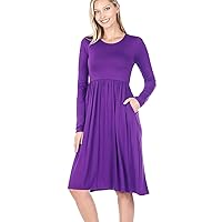 Purple Viscose Long Sleeve Round Neck Witch Dress Waist Shirring