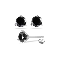 Round Black Diamond Stud Three Prong Earrings AA Quality in 14K White Gold Available in Small to Large Sizes