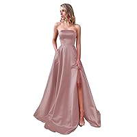 Women’s A-line Strapless Satin Prom Dresses with Slit, Long Formal Evening Dress Bridesmaid Dress