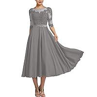 A-Line Elegant Mother of The Bride Dress Jewel Neck Tea Length Half Sleeve Wedding Guest Dress Appliques 2023