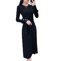 Slim Crew Neck Sweater Dress Women Elegant Belted Long Sleeve Pleated Knitted Dresses Stretch Casual Vestidos