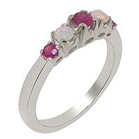 Solid 18k White Gold Natural Ruby & Opal Womens band Ring - Sizes 4 to 12 Available