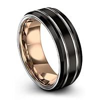Tungsten Wedding Band Ring 8mm for Men Women Bevel Edge Black Grey 18K Rose Gold Double Line Brushed Polished