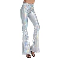 Women Sexy PU Leather Metallic Pants Shiny Holographic Flare Pants Elastic Waist Flared Trousers Dance Performance Clubwear
