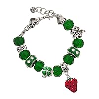Silvertone Large Enamel Strawberry - Green Irish Luck Bead Charm Bracelet, 7.5