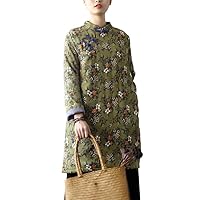 Womens Corduroy Chinese Button Floral Blouse Shirts Comfy Long Sleeve Long Shirt Green