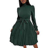 Women Dresses Turtleneck Flounce Sleeve Pleated Hem Belted Dress (Color : Dark Green, Size : Medium)