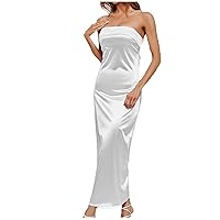 Women's Basic Sleeveless Tube Top Sexy Strapless Bodycon Maxi Club Dress Backless Satin Dress Evening Party Dresses