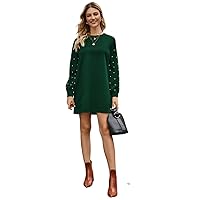 Womens Fall Fashion 2022 Pearls Beaded Keyhole Buttoned Back Dress (Color : Dark Green, Size : Large)