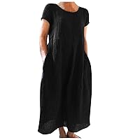 Maxi Dress for Women, Women's Summer Casual Solid Color Sleeveless O-Neck Loose Pocket Stitching Cotton Linen Dress