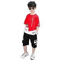 Boys Sports Fashionable Contrast Color Printed Suits Shirts Top + Middle Pants with Pocket