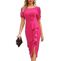 Women Fashion Round Neck Puff Short Sleeve Business Casual Dress Solid High Waist Bodycon Ruffle Decoration Midi Dress