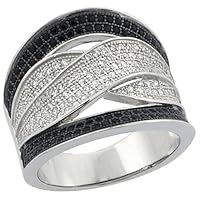 Ladies Sterling Silver Wrap Micro Pave CZ Ring Black & White Stones 11/16 inch Wide, Sizes 6-9
