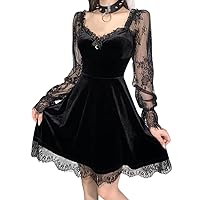 IDOPIP Gothic Lolita Floral Lace Long Sleeve Dress for Women See Through Velvet Black Suede Wedding Guest Ruched Dress