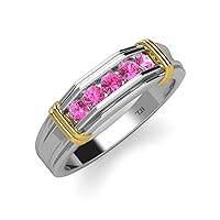 Round Pink Sapphire 5 Stone Men Wedding Ring 1/2 ctw in 14K White Gold-8