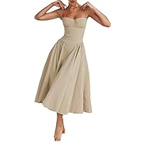 Corset Dress for Women Elegant Sleeveless,Spaghetti Strap Bustier Midi Dress,Flowy Pleated Hem Low Cut Prom Dresses