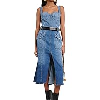 Long Denim Dress for Women Summer 2024 Sleeveless Front Slit Bodycon Midi Jean Tank Dresses with Pockets
