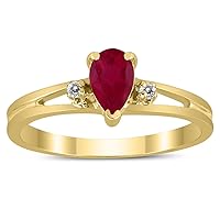 6X4MM Ruby and Diamond Pear Shaped Open Three Stone Ring in 10K Yellow Gold
