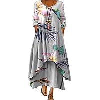 Women Floral Print Boho Dress Long Sleeve Wrap Crew Neck Flowy Summer Tunic Dress Casual Loose Swing Shift Dresses