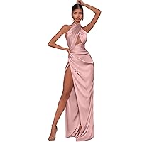 Satin Halter Prom Dress Long Mermaid Evening Gown with Slit Backless Wedding Party Formal Dresses for Women