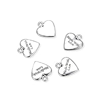 50pcs Made with Love Charm 19.2mm (0.76 Inch) One Sided Heart Shaped Pendant Drop Bead Antique Silver Tone Pewter for Jewelry Craft Making MC-D16