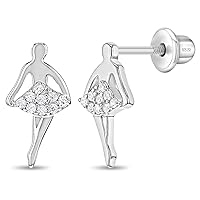 925 Sterling Silver Clear Cubic Zirconia Dancing Ballerina Girl's Stud Earrings, Young Girls and Pre-Teen's Ballerina Screw Back Earrings- Ballerina Dancer Crystal Screw Backs for Daily Use