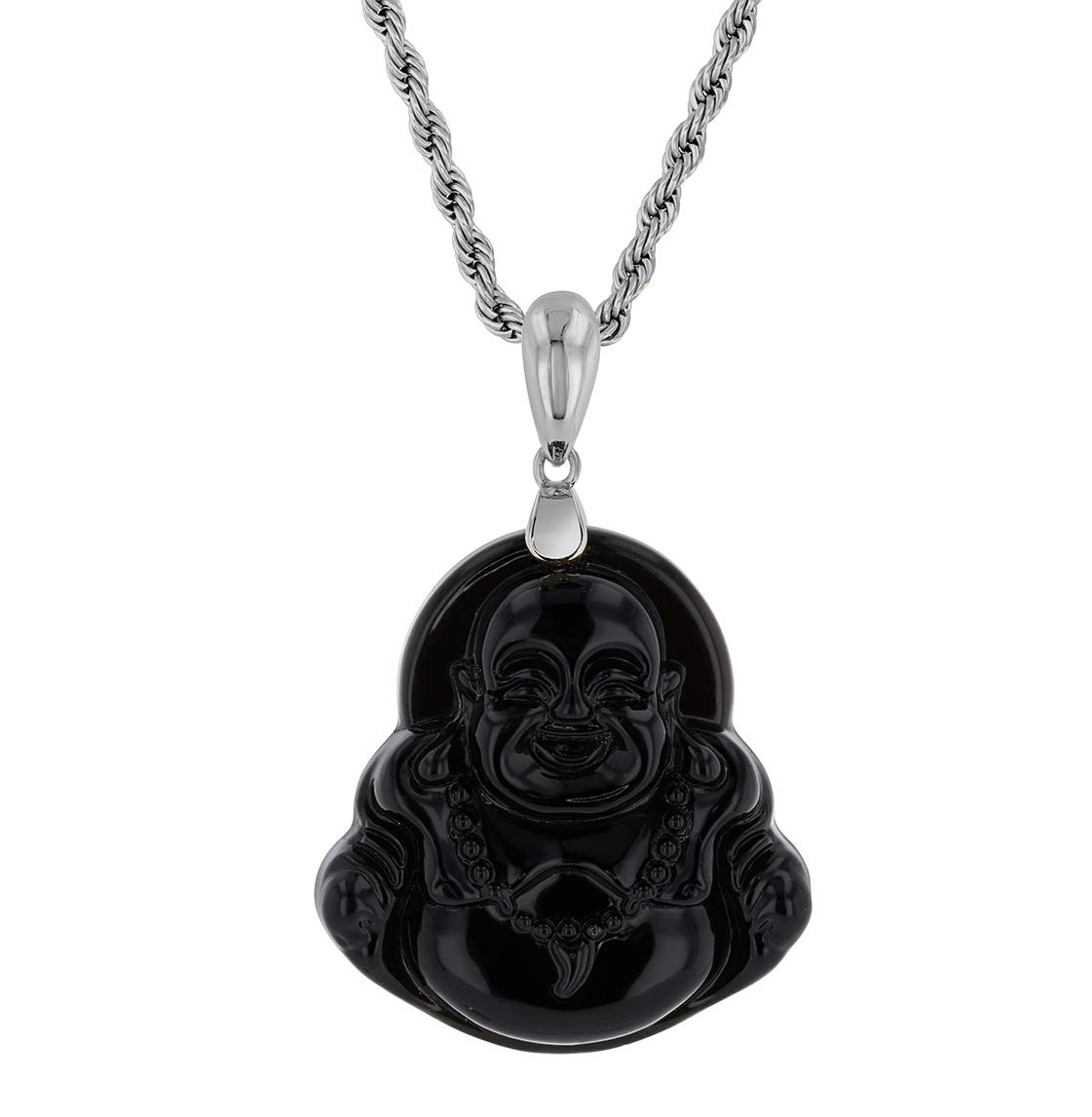 Laughing Buddha Black Jade Pendant Necklace Rope Chain Genuine Certified Grade A Jadeite Jade Hand Crafted, Jade Necklace, 14k White Gold Finish Silver Laughing Jade Buddha Necklace