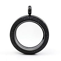 Black Round Locket Pendant Necklace 30mm Matte Stainless Steel Clear Glass Living Memory Floating Charms Stone Storage with 22 Inches Chain, BW1P2002977