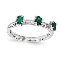 2.5mm 925 Sterling Silver Polished Prong set Created Emerald Three Stone Ring Jewelry for Women - Ring Size Options: 5 6 7 8 9