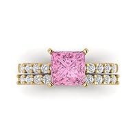 Clara Pucci 2.63ct Princess Cut Pave Solitaire with Accent Pink Zircon Statement Bridal Wedding Ring Band Set 14k Yellow Gold
