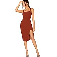 Slit Knee-Length Bodycon Dress (Color : Brown, Size : Small)