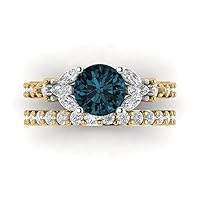 Clara Pucci 2.82ct Round cut Solitaire 3 stone Real London Blue Topaz Designer Art Deco Statement Wedding Ring Band Set 18K 2 tone Gold