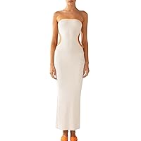 Womens Summer Dresses Acrylic fibers Strapless Low Cut Backless Skinny Maxi Dress Wedding Guest Dress(White,Medium)