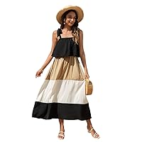 LUAN Women's Summer Cami Maxi Dress Beach Casual Dresses Patchwork Strap Dress Ruffle Sundress