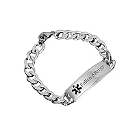 Custom Medical Alert Allergy Awareness Bracelet Stainless Steel Wrist Cuban Chain for Women Men Personalized ID Nameplate Wristband Medic Allergic Diagnosis Life Saving Jewelry, 8.66''
