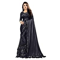 Women's Lycra Silk Plain Saree indian Ethnic Dresses Wedding Sari with Blouse Piece (Black), Free size