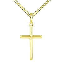14K Solid Yellow Gold Traditional Simple Religious Cross Pendant with Figaro Chain Necklace